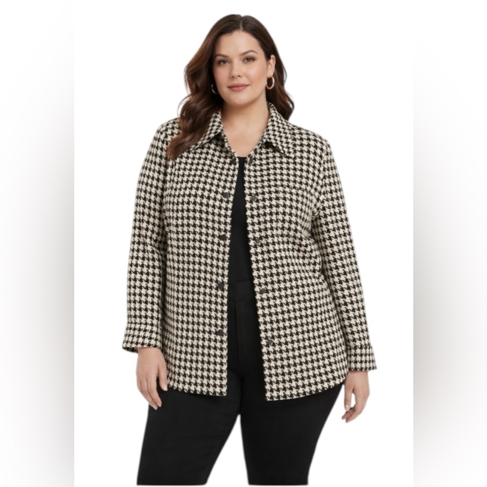Jones New York Houndstooth Jacket Blazer Size 2X Black Cream Button Front